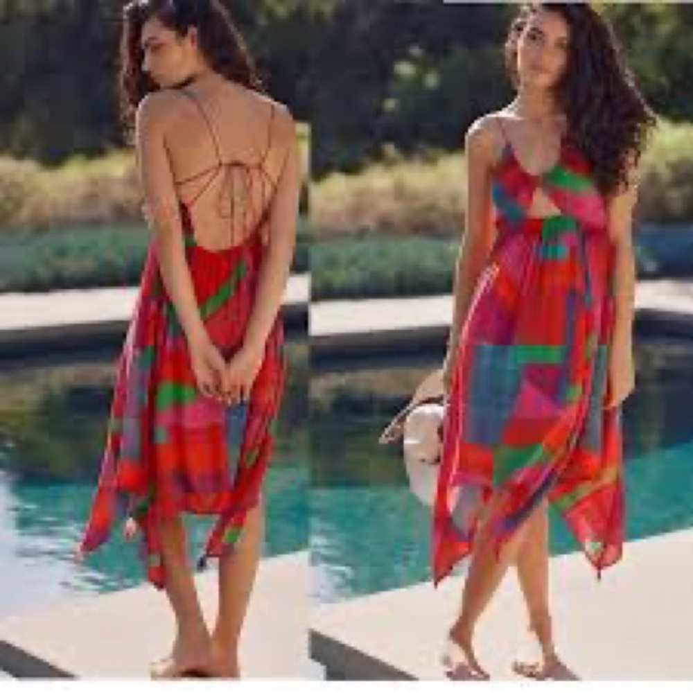 Anthropologie Red Multi-Color Backless Summer Dress